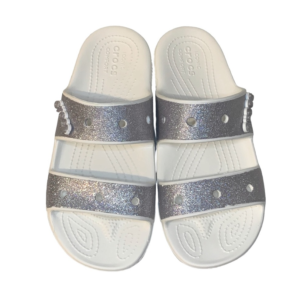 Crocs Classic Women's Size 9 White Silver Glitter Slide Sandals Shoes